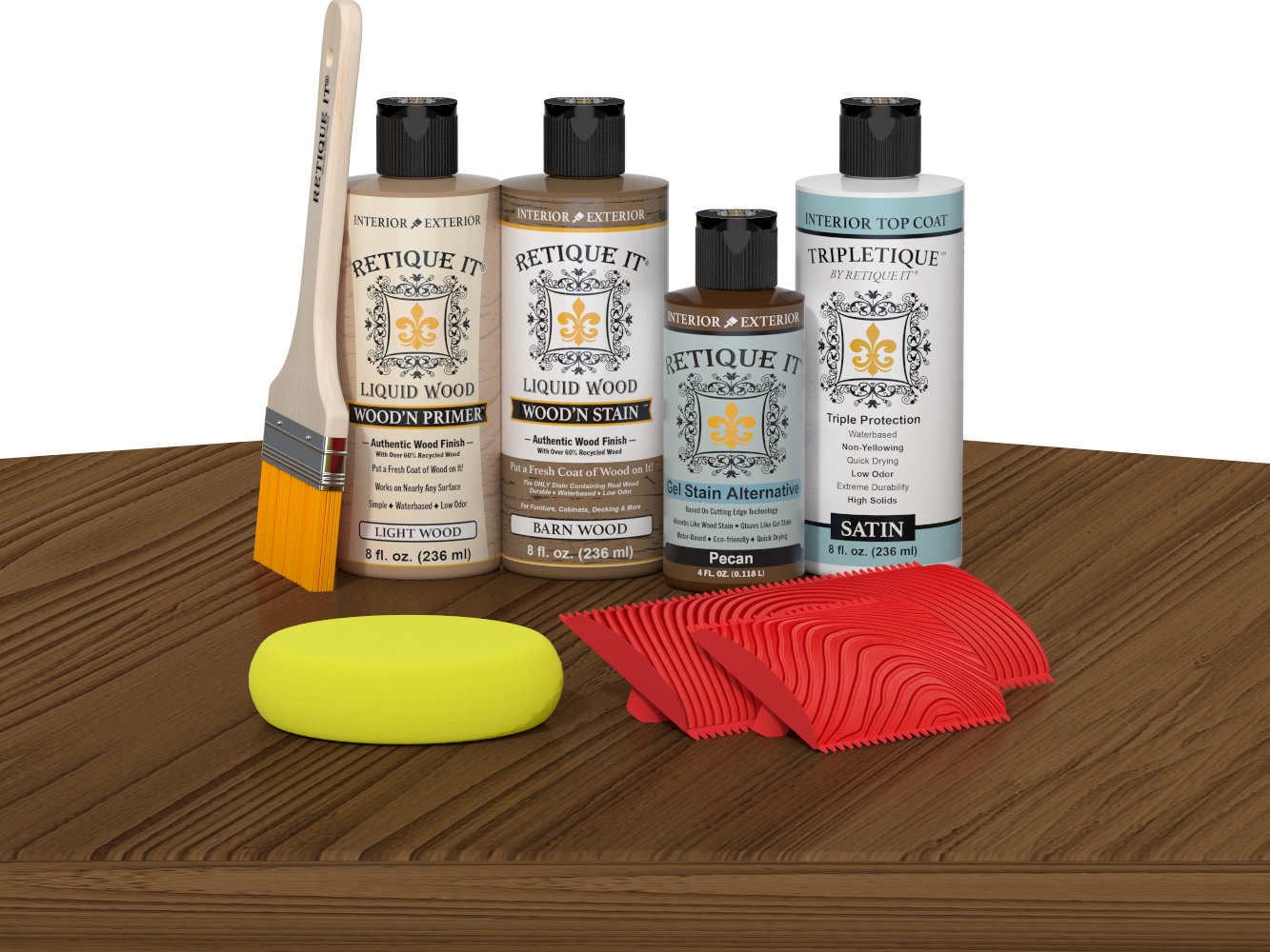 Retique It® Medium Walnut Wood'n Kit with Light Wood primer, Barn Wood stain, Pecan gel stain alternative, Satin Tripletique® Top Coat, brush, red graining tool, and yellow sponge.