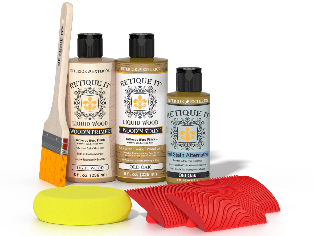 Retique It® Wood'n Finish Kit in Old Oak, a multi-purpose wood finishing set with brushes and accessories, shown in the image.