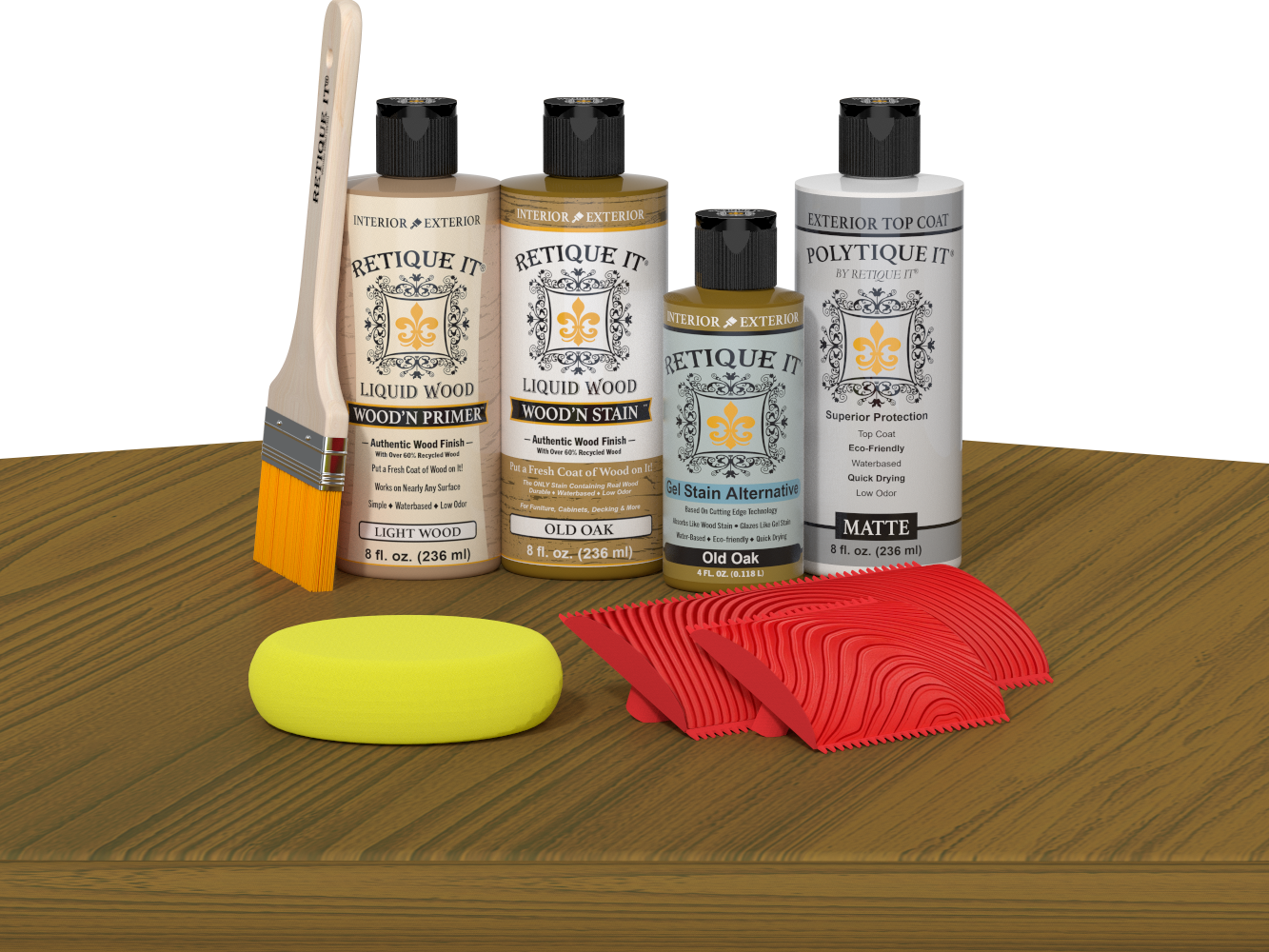 Retique ItÂ® Wood'n Finish Kit in Old Oak for exterior top coating, showing the multi-purpose wood finish kit on a table.