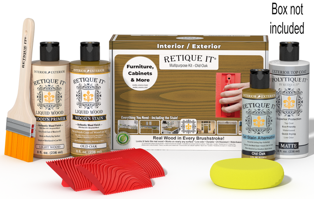 Retique It Wood'n Finish Kit in Old Oak for exterior top coat, includes brushes and wood treatment products in a box.