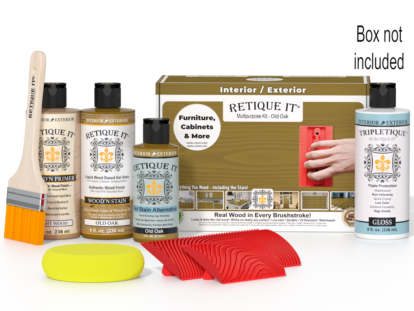 Retique It® Wood'n Finish Kit in Old Oak for interior top coat, featuring wood finish components and application tools.