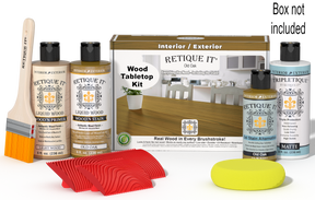 Retique It® Wood'n Finish Kit in Old Oak stain, featuring staining products and tools for wood tabletop finishing.
