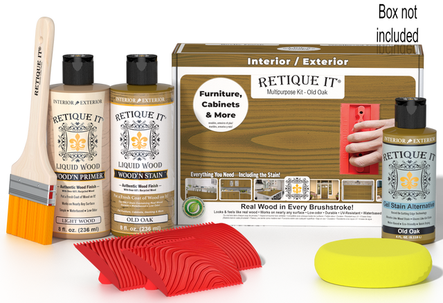 Retique It Wood'n Finish Kit in Old Oak with wood stain and finishing tools for multi-purpose wood projects.