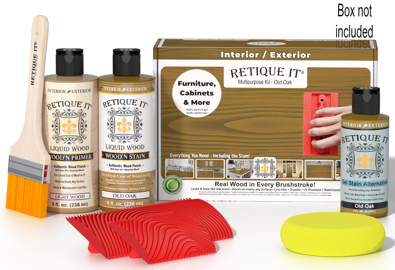 Retique It® Wood'n Finish Kit in Old Oak, a versatile wood finishing set with brushes and tools for furniture restoration.