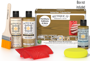 Retique It® Wood'n Finish Kit in Old Oak, a versatile wood finishing set with brushes and tools for furniture restoration.