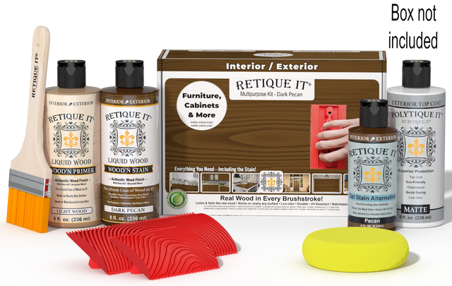 Retique It Wood'n Finish Kit in Dark Pecan for exterior top coat, includes applicator and finish components in a boxed set.