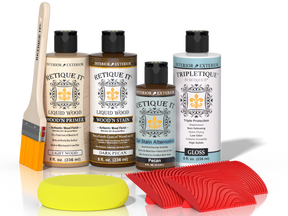 Retique It® Wood'n Kit in Dark Pecan for interior top coat, featuring wood finish application tools and dark pecan stain.