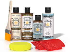 Retique It® Wood'n Finish Kit in Dark Pecan stain, showing wood sample with rich dark brown finish and brush application.