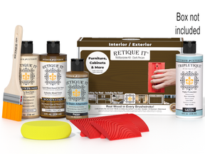 Retique It® Wood'n Finish Kit in Dark Pecan for interior top coat, showing a box with wood stain and finishing supplies inside.