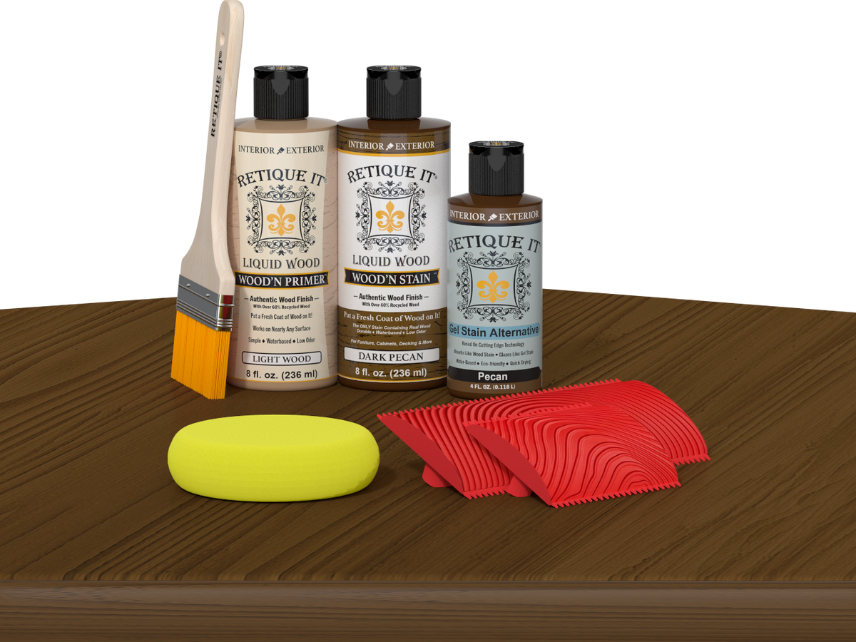 Multi-purpose Wood'n Kit in Dark Pecan by Retique It®, featuring wood finish products on a table surface.