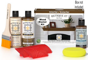 Retique It® Fireplace Mantel Wood'n Finish Kit in Dark Pecan stain, shown with stain bottle and applicator on a wooden mantel.