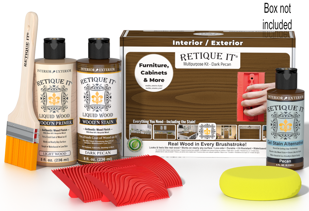 Retique It® Wood'n Finish Kit in Dark Pecan showing a kit box with wood finishing supplies and tools for multi-purpose wood projects.