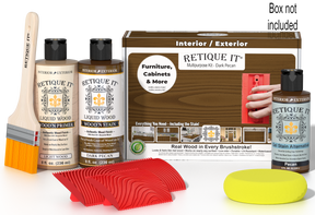 Retique It® Wood'n Finish Kit in Dark Pecan showing a kit box with wood finishing supplies and tools for multi-purpose wood projects.