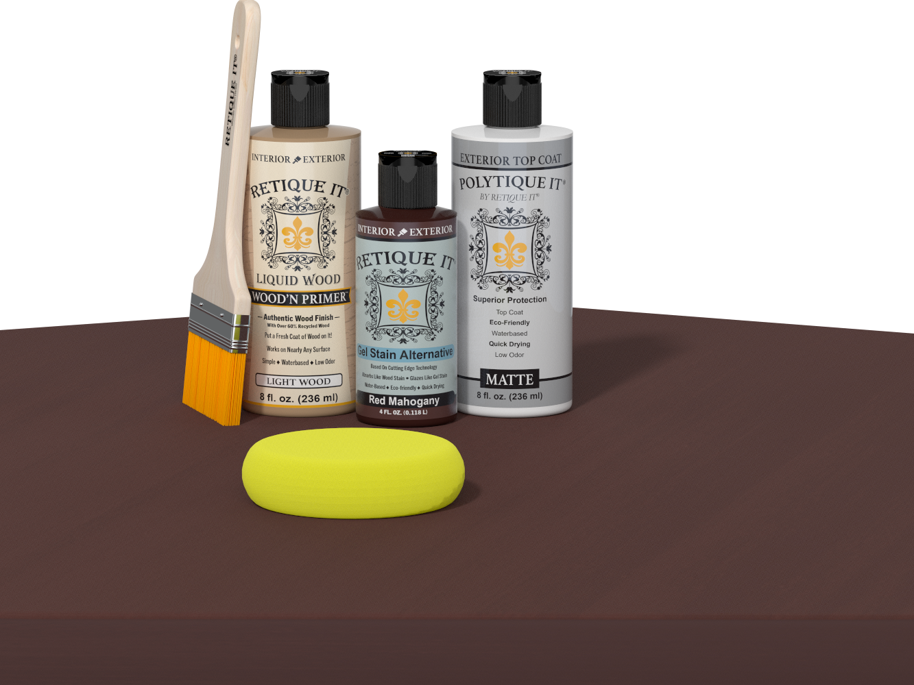 Retique It refinishing kit with Light Wood primer, Red Mahogany gel stain alternative, matte Polytique It topcoat, a brush and yellow sponge.
