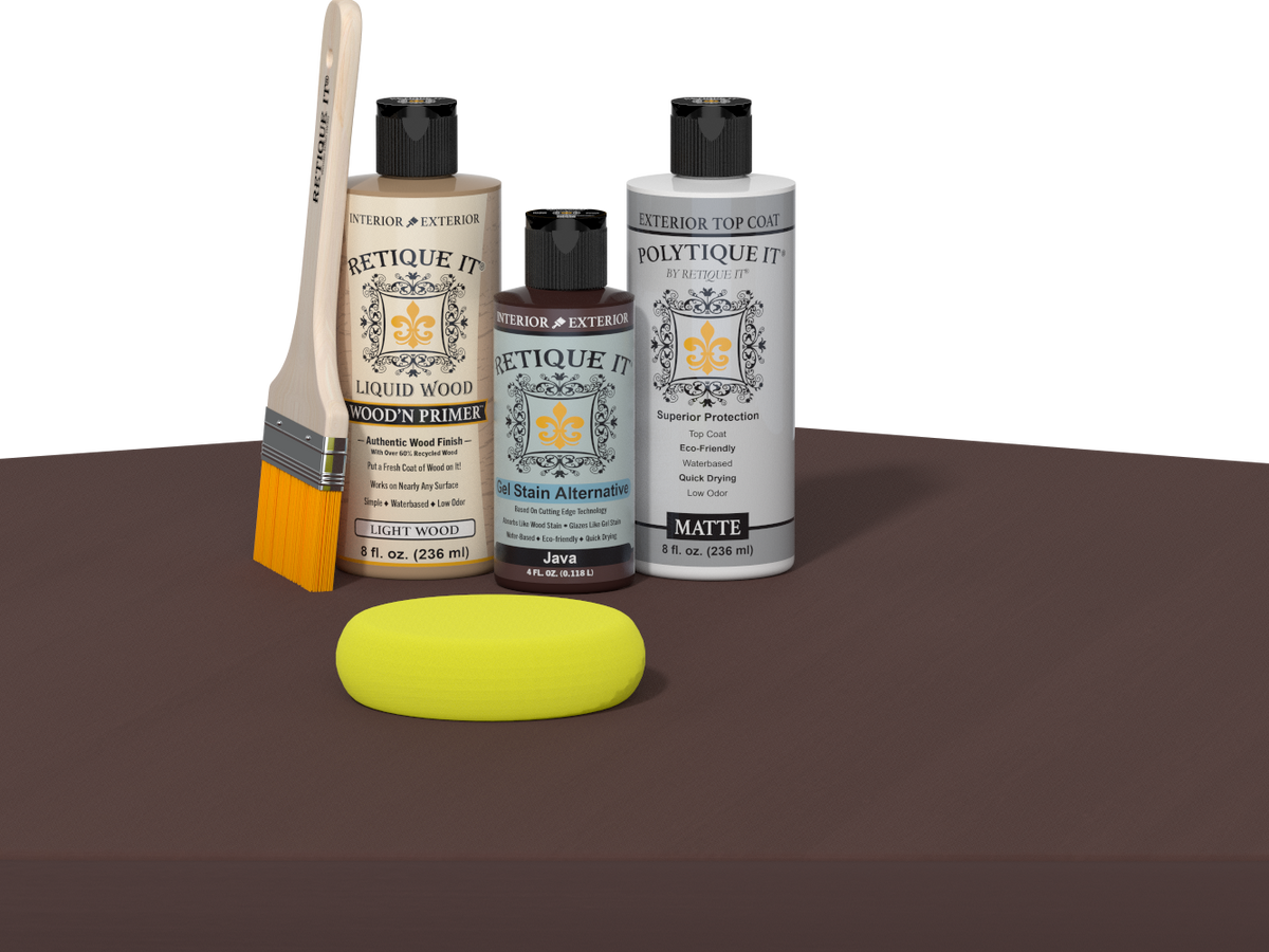 Retique It refinishing kit with Light Wood primer, Java gel stain alternative, matte Polytique It topcoat, a brush and yellow sponge.