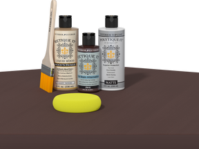 Retique It refinishing kit with Light Wood primer, Java gel stain alternative, matte Polytique It topcoat, a brush and yellow sponge.