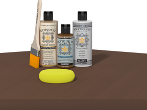 Retique It refinishing kit with Light Wood primer, Dark Oak gel stain alternative, matte Polytique It topcoat, a brush and yellow sponge.