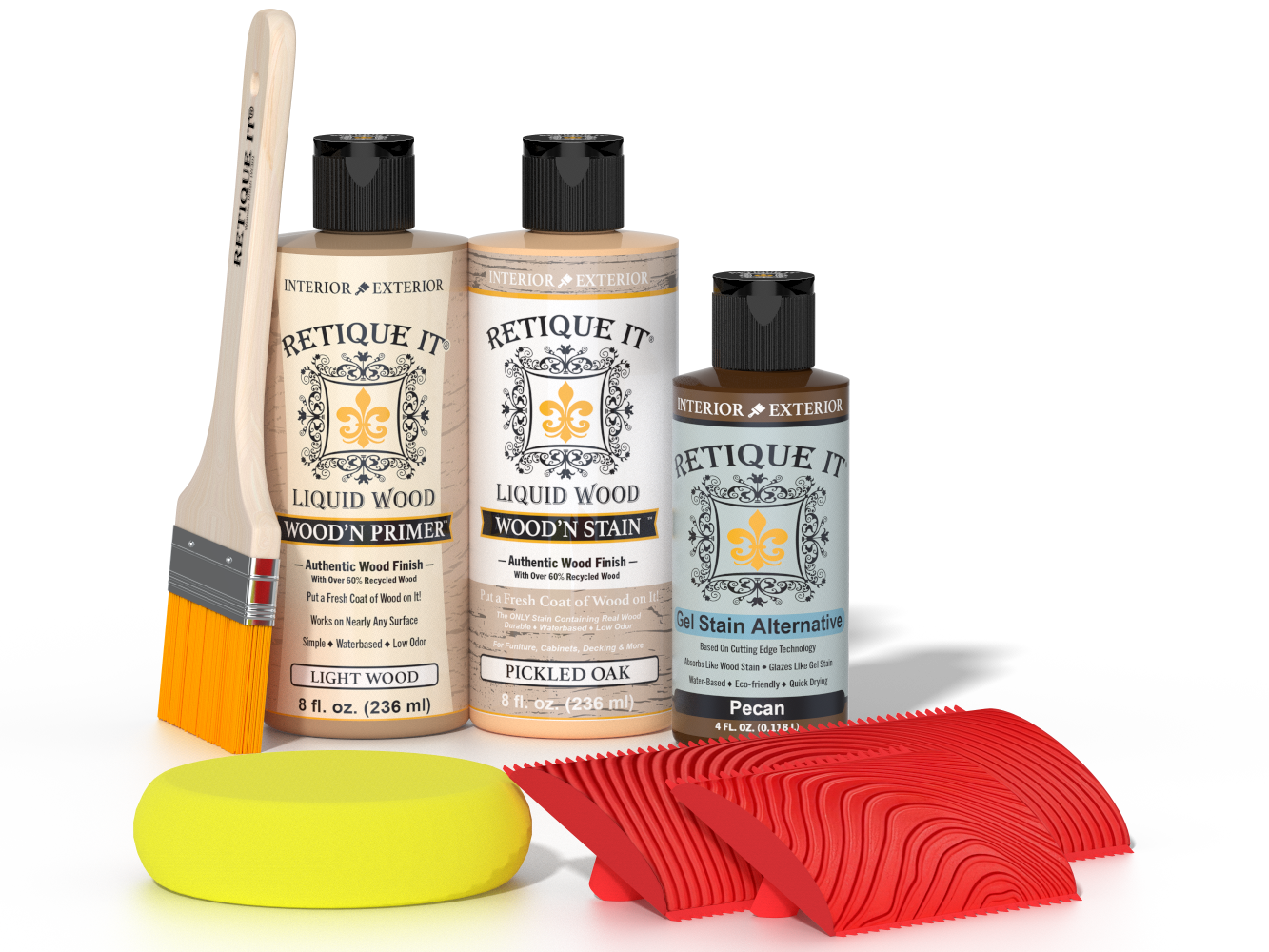 Retique It® Fireplace Mantel Wood'n Finish Kit in Pickled Oak stain, featuring wood stain and finishing supplies for fireplace mantels.