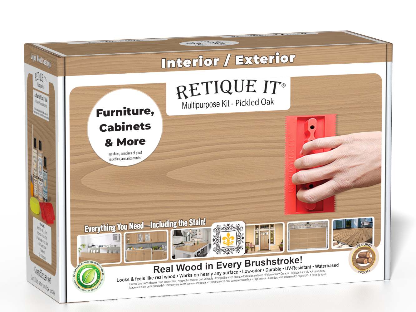 Retique It® Wood'n Finish Kit in Pickled Oak with exterior top coat and tools for wood finishing projects.