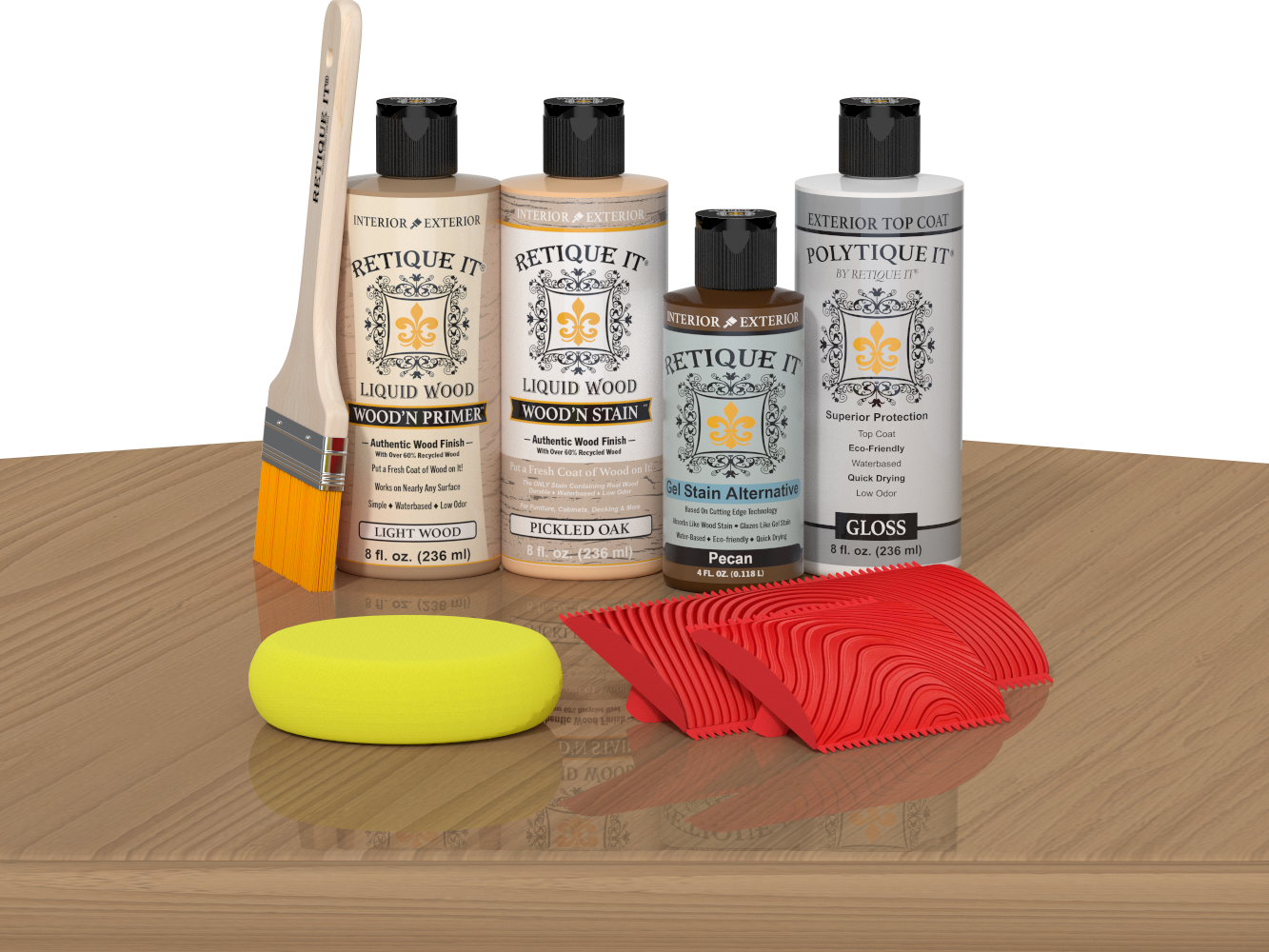 Multi-purpose Wood'n Kit Pickled Oak exterior top coat by Retique It®, showing the kit on a table with wood finish products.