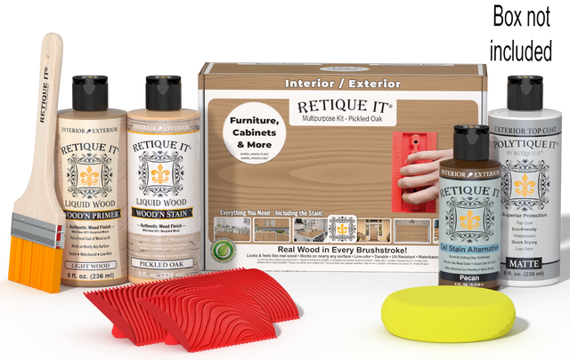 Retique It Wood'n Finish Kit in Pickled Oak, exterior top coat kit with wood finish products and application tools.