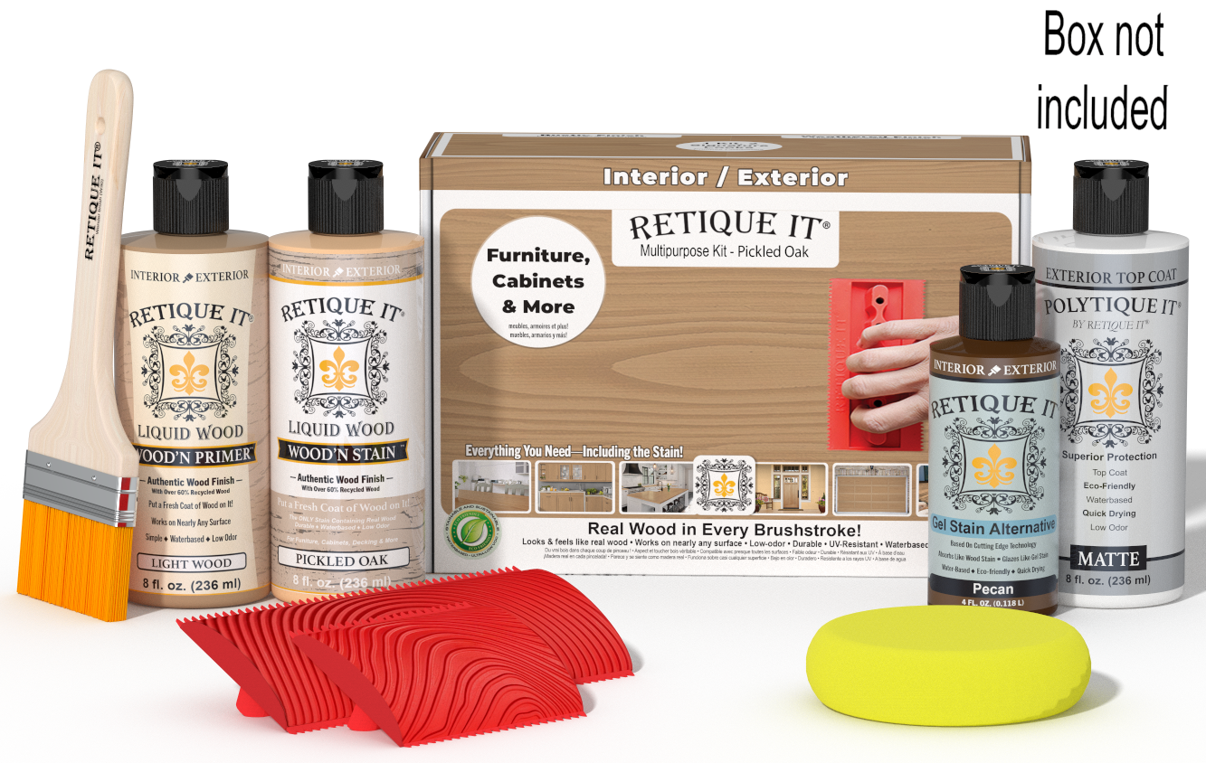 Retique It® Wood'n Finish Kit in Pickled Oak for exterior top coat, includes wood finish and application tools in a compact box.