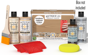 Retique It® Wood'n Finish Kit in Pickled Oak for exterior top coat, includes wood finish and application tools in a compact box.