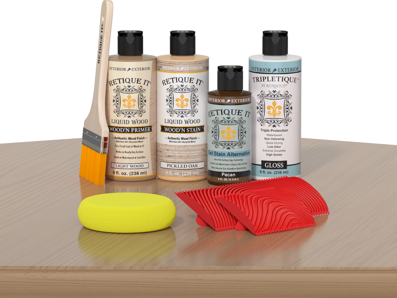 Retique It® Wood'n Finish Kit in Pickled Oak, interior top coat applied on wooden table surface, showcasing natural wood finish.