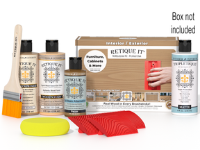 Retique It® Wood'n Finish Kit in Pickled Oak with interior top coat and brushes, displayed in a box for wood finishing projects.