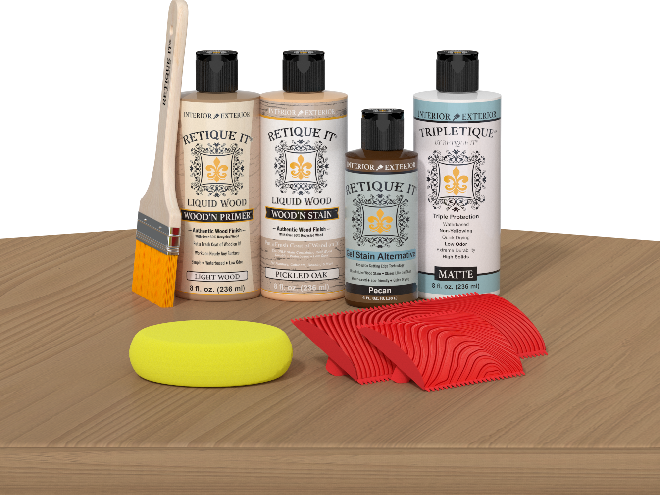 Retique It® Wood'n Finish Kit in Pickled Oak stain displayed on table, showcasing natural wood finish for furniture projects.