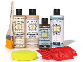 Retique It® Wood'n Finish Kit in Pickled Oak, interior top coat for wood furniture and surfaces, with included applicator tools.