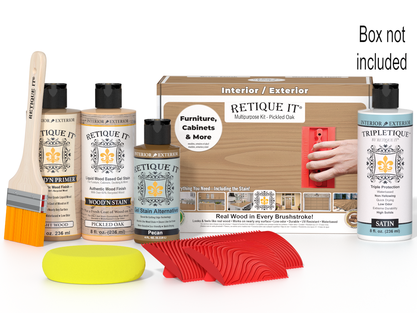 Retique It® Wood'n Finish Kit in Pickled Oak with interior top coat, includes application tools and instructions in a box.