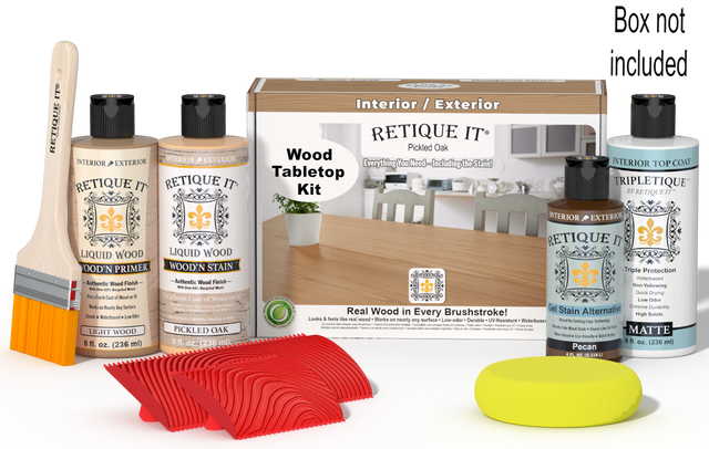 Retique It Wood'n Finish Kit in Pickled Oak for tabletops, featuring stain and finishing supplies in a compact kit.