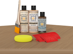 Retique It® Fireplace Mantel Wood'n Finish Kit in Pickled Oak stain, showing the wood finish and application details.