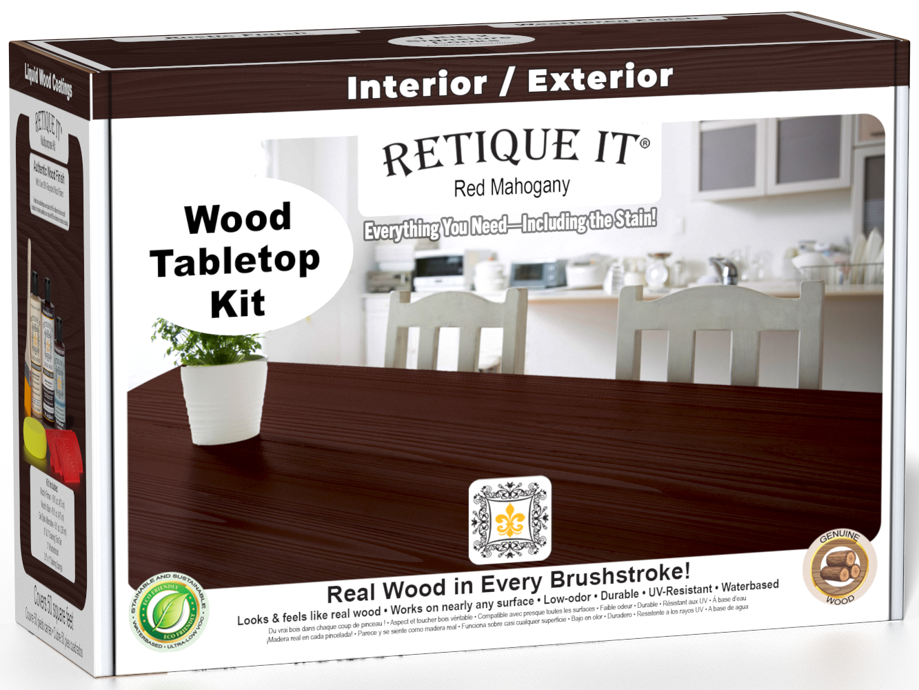 Retique It® Wood'n Finish Kit in Red Mahogany stain for wood tabletops, includes stain and finishing supplies.