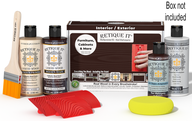 Retique It Wood'n Finish Kit in Red Mahogany with exterior top coat, featuring wood stain and finishing supplies in a box.