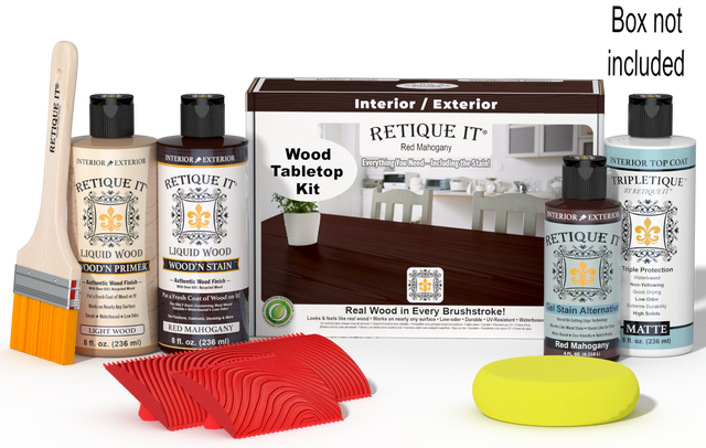 Retique It Wood'n Finish Kit in Red Mahogany stain, featuring wood stain products and tools for tabletop finishing.