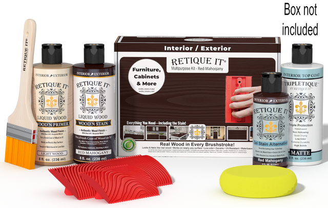 Retique It Wood'n Kit in Red Mahogany for interior top coat, includes wood finish products and application tools.