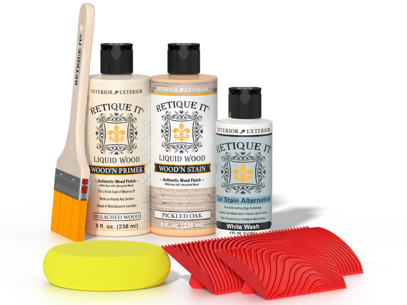Sun-bleached Wood'n Finish Kit by Retique It® for multi-purpose wood finishing, featuring a 3D design with wood tones and tools.