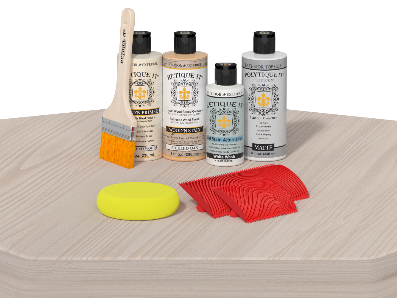 Retique It Wood'n Finish Kits with a table showing the wood finish in a natural tone, highlighting the kit's application on furniture.