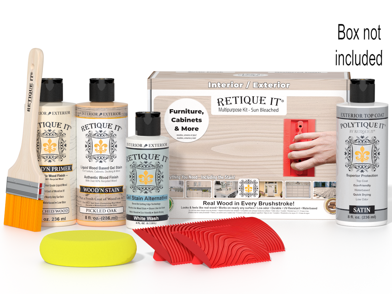 Retique It Wood'n Finish Kit WNK08-SBCH-PLTQS with wood stain and finishing tools in a box for furniture refinishing.