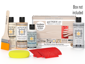 Retique It Wood'n Finish Kit WNK08-SBCH-PLTQS with wood stain and finishing tools in a box for furniture refinishing.