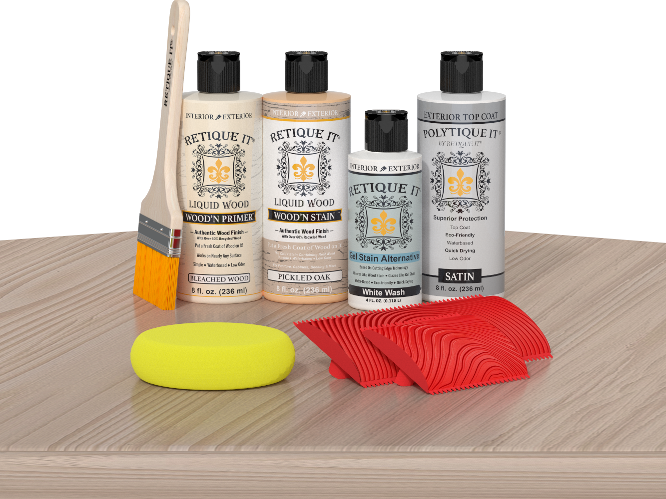 Retique It® Wood'n Finish Kit in Sun Bleached for exterior wood surfaces, with a palette of top coat options on a table.