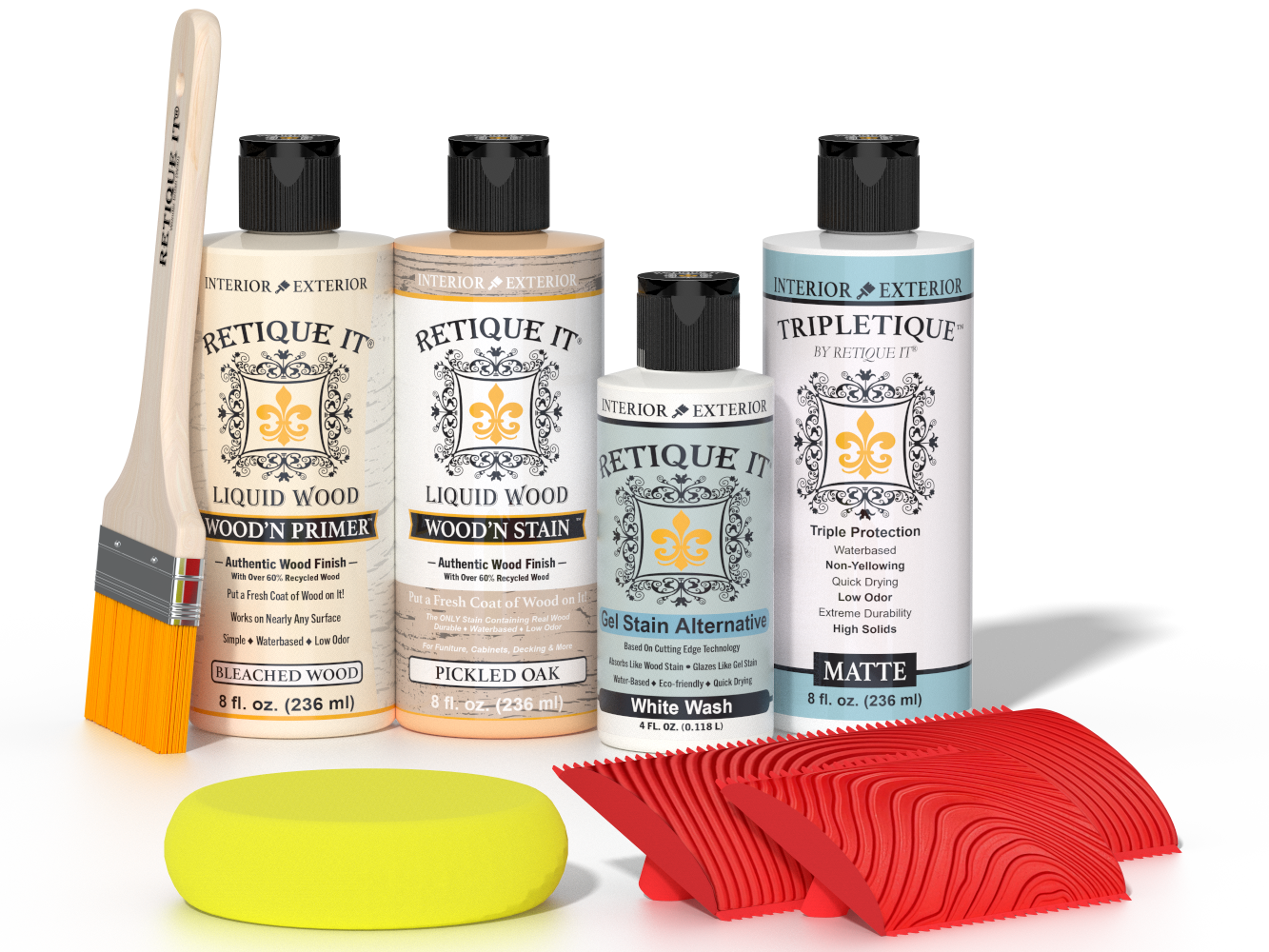 Sun-bleached Wood'n Finish Kit by Retique It® for interior wood projects, includes top coat and application tools.