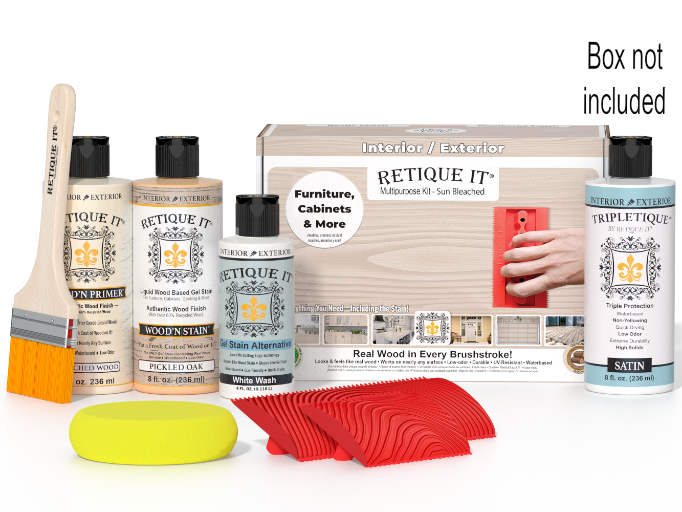 Retique It® Wood'n Finish Kit in box containing wood stain and finishing supplies, designed for furniture and wood projects.