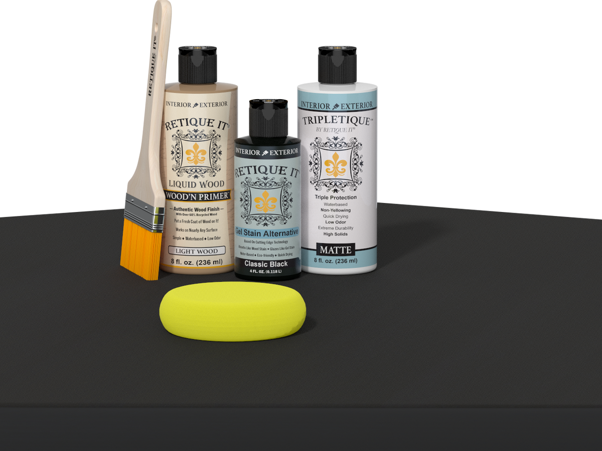 Retique It refinishing kit with Light Wood primer, Classic Black gel stain alternative, matte Tripletique topcoat, a brush and yellow sponge.