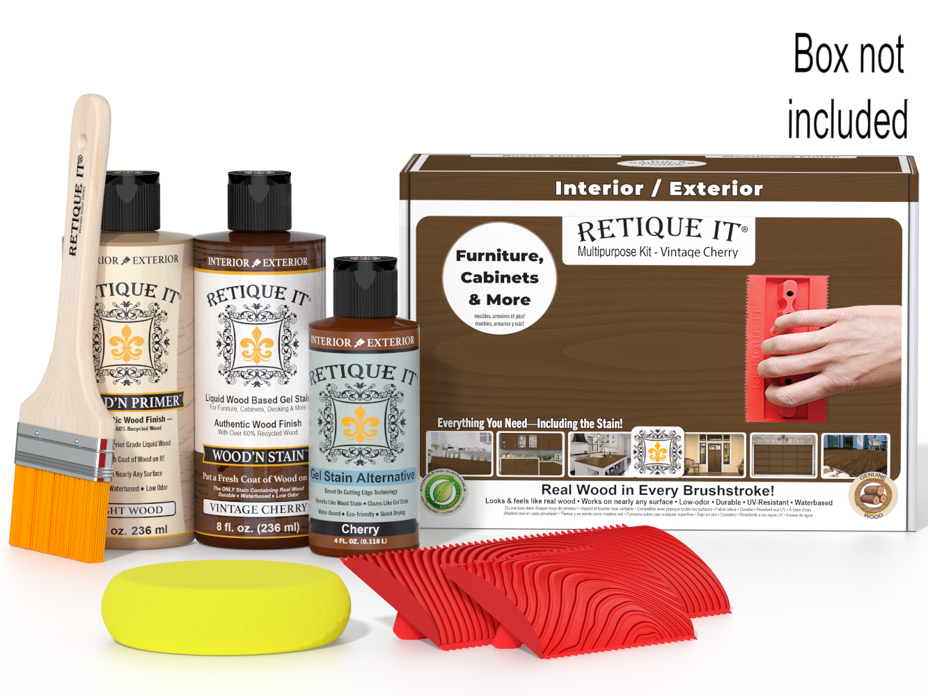 Retique It® Wood'n Finish Kit in Vintage Cherry with wood stain and finish bottles, designed for multi-purpose wood finishing projects.