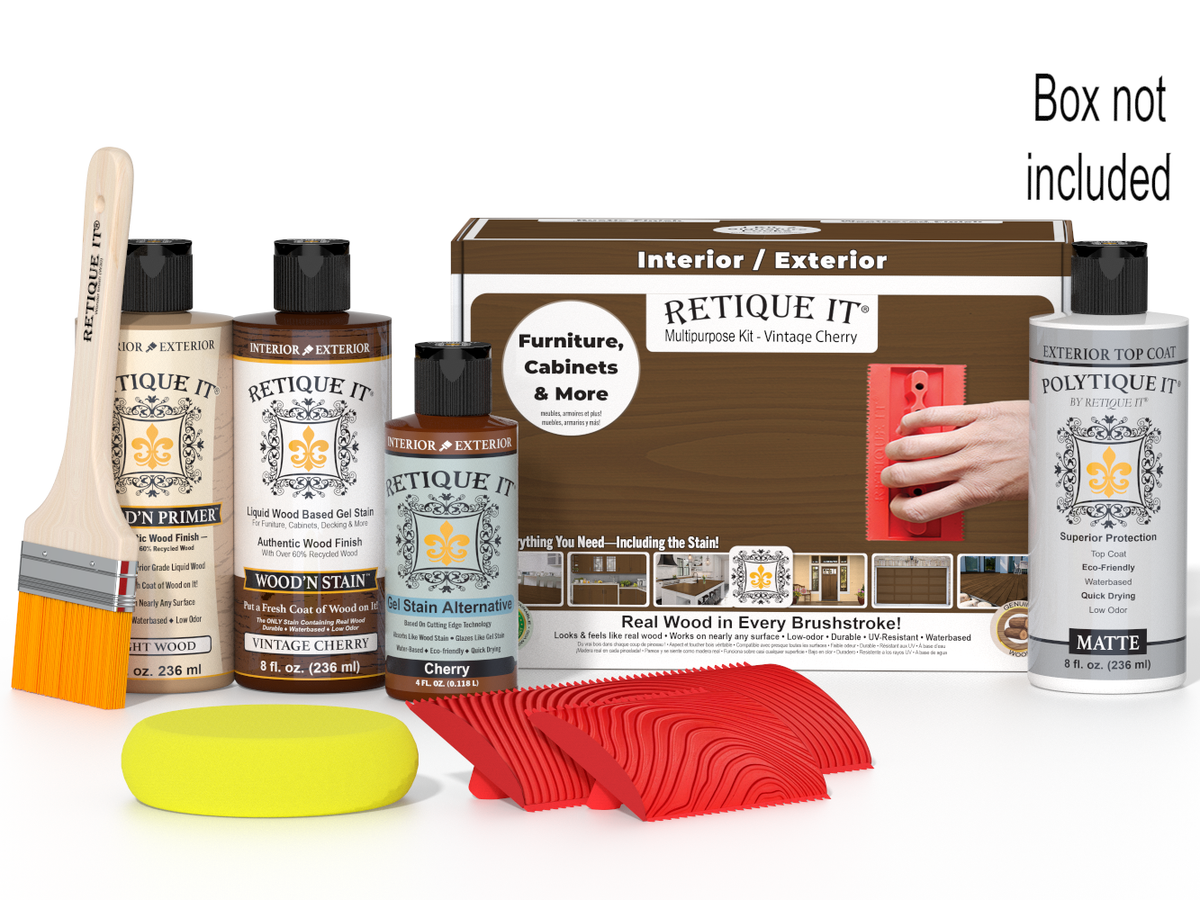 Retique It® Wood'n Finish Kit in Vintage Cherry for exterior wood projects, showing the kit box and application tools.