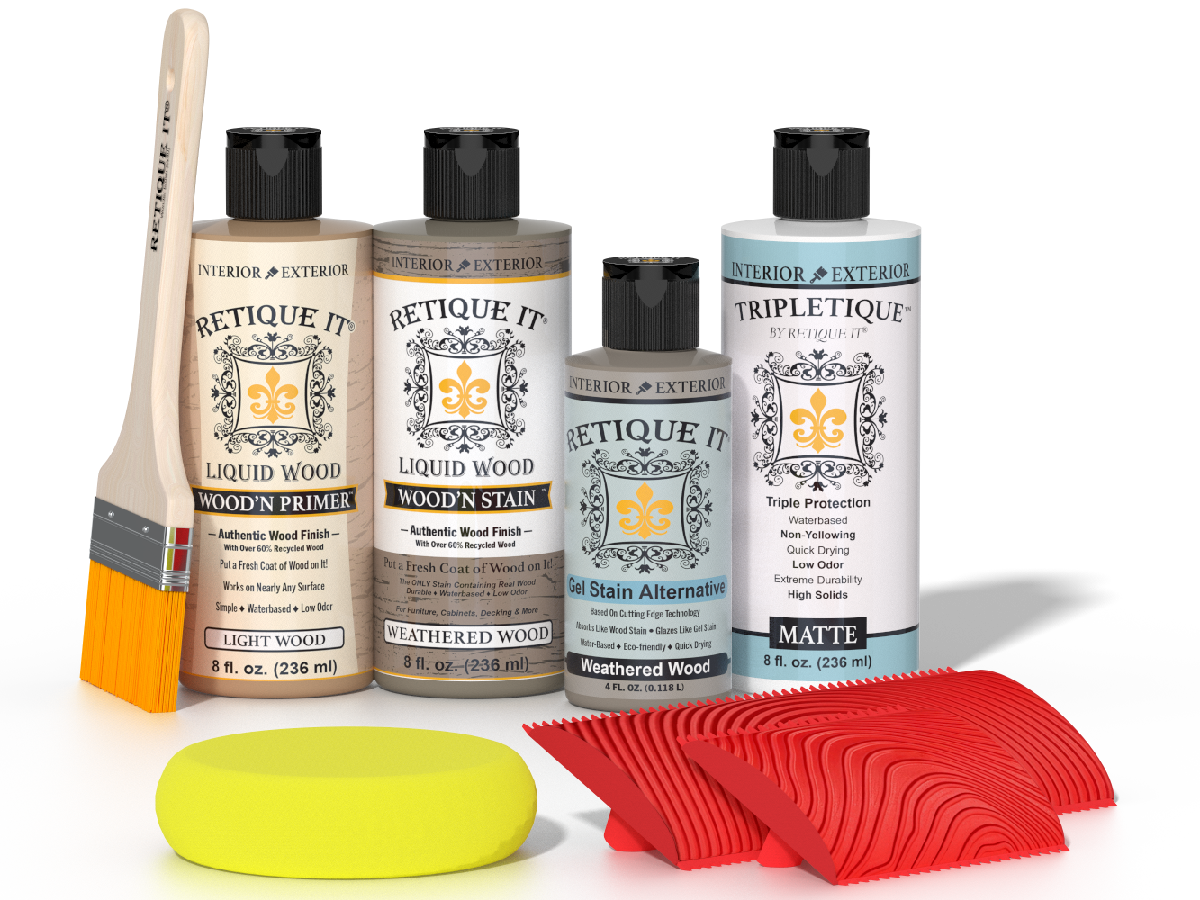 Retique It® Wood'n Finish Kit in Weathered Wood stain for tabletops, showcasing the weathered wood look and stain application.
