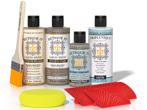 Retique It® Wood'n Finish Kit in Weathered Wood with interior top coat, showing the textured weathered wood effect.